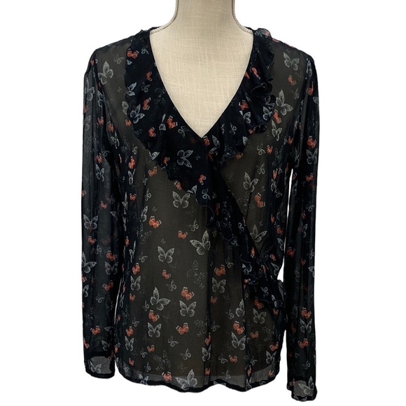 Patrizia Pepe Black Sheer Butterfly Print Ruffle Trim Top Size 44 (small… - Picture 1 of 16